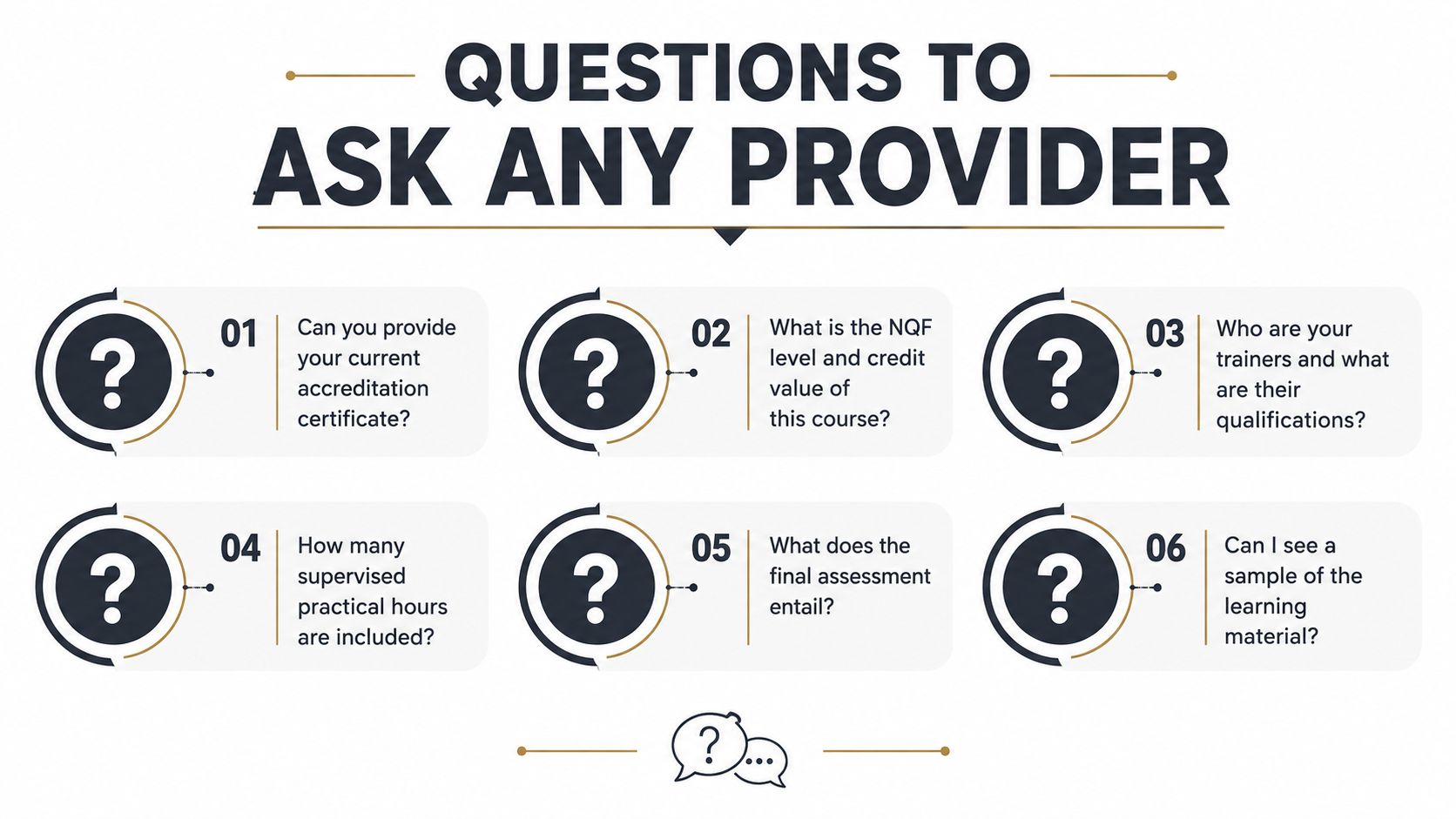 An infographic titled Questions to Ask Any Provider listing six important questions for choosing training courses.