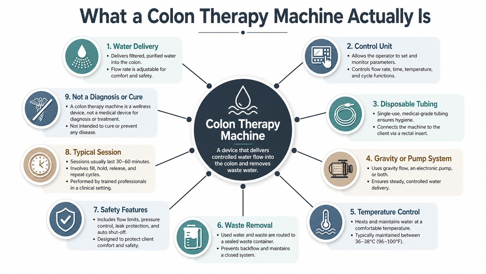 A detailed infographic explaining the components and functions of a professional colon therapy machine in a clinical setting.