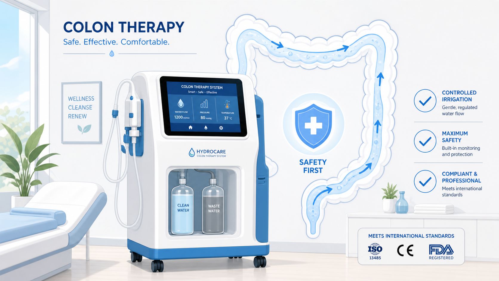 Omega Lasers colon therapy device with digital screen and tubing in a clinical setting.