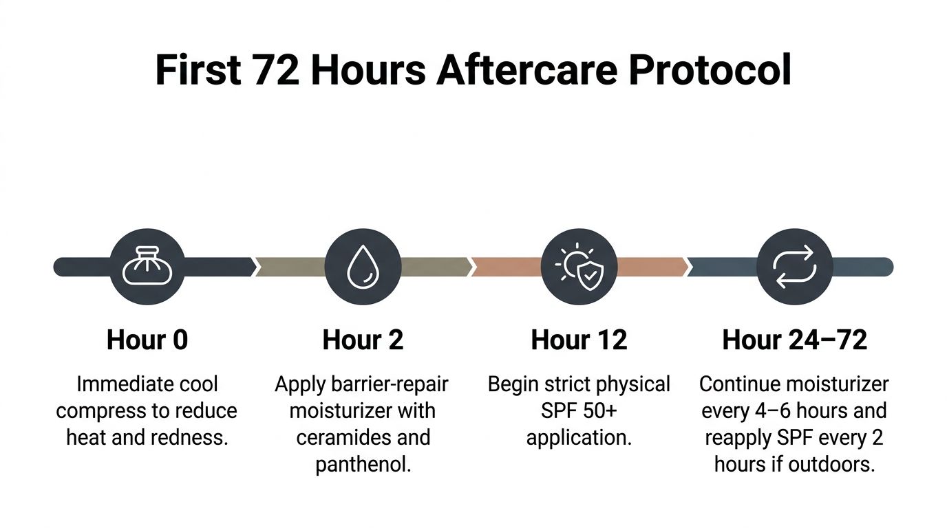 A timeline graphic outlining the first 72 hours of post-procedure sensitive skin aftercare protocol steps.