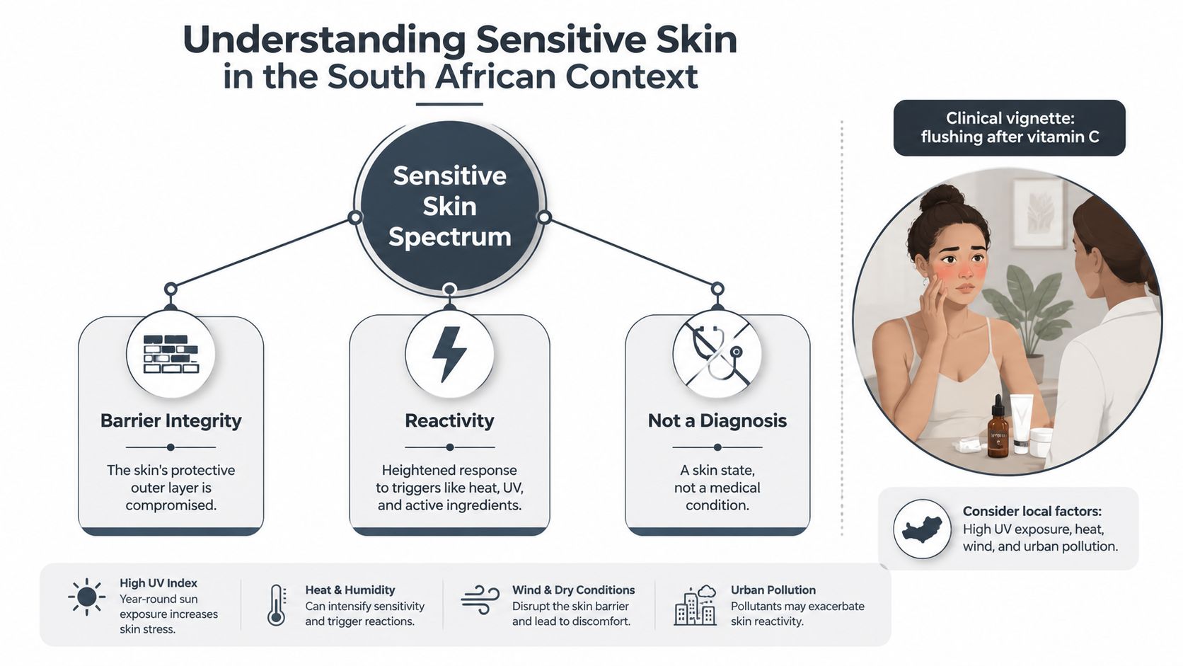 An infographic titled Understanding Sensitive Skin in the South African Context, illustrating factors like barrier integrity, reactivity, and environmental triggers.