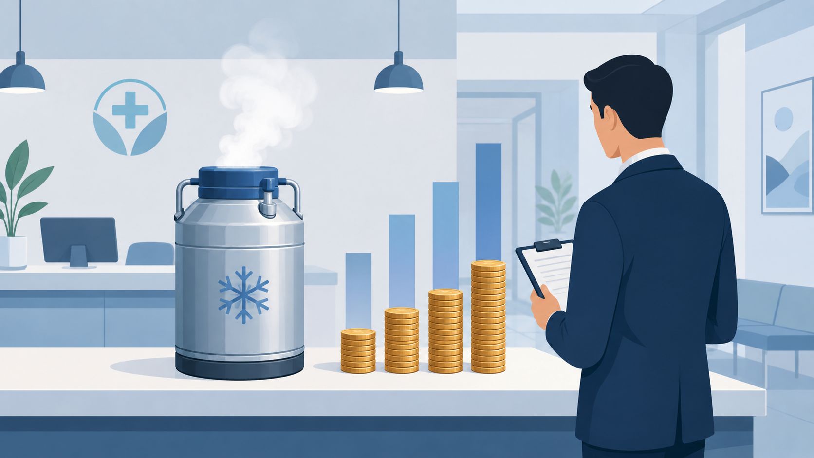 Liquid nitrogen tank beside rising stacks of coins, with a clinic manager holding a clipboard.