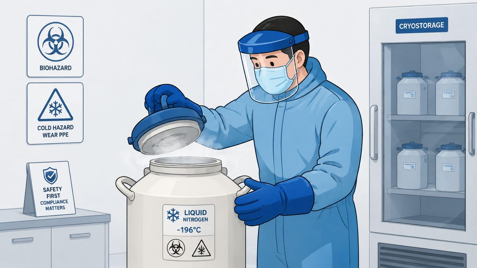 A laboratory technician in full protective gear opening a liquid nitrogen cryostorage container safely.