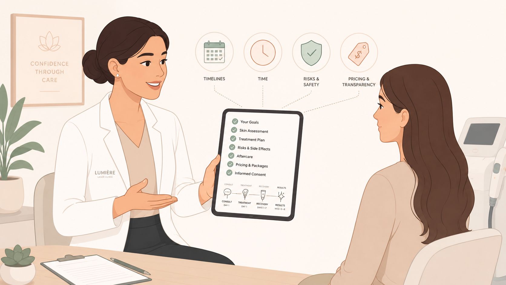 Clinician explaining a treatment plan on a tablet to a client during a consultation.