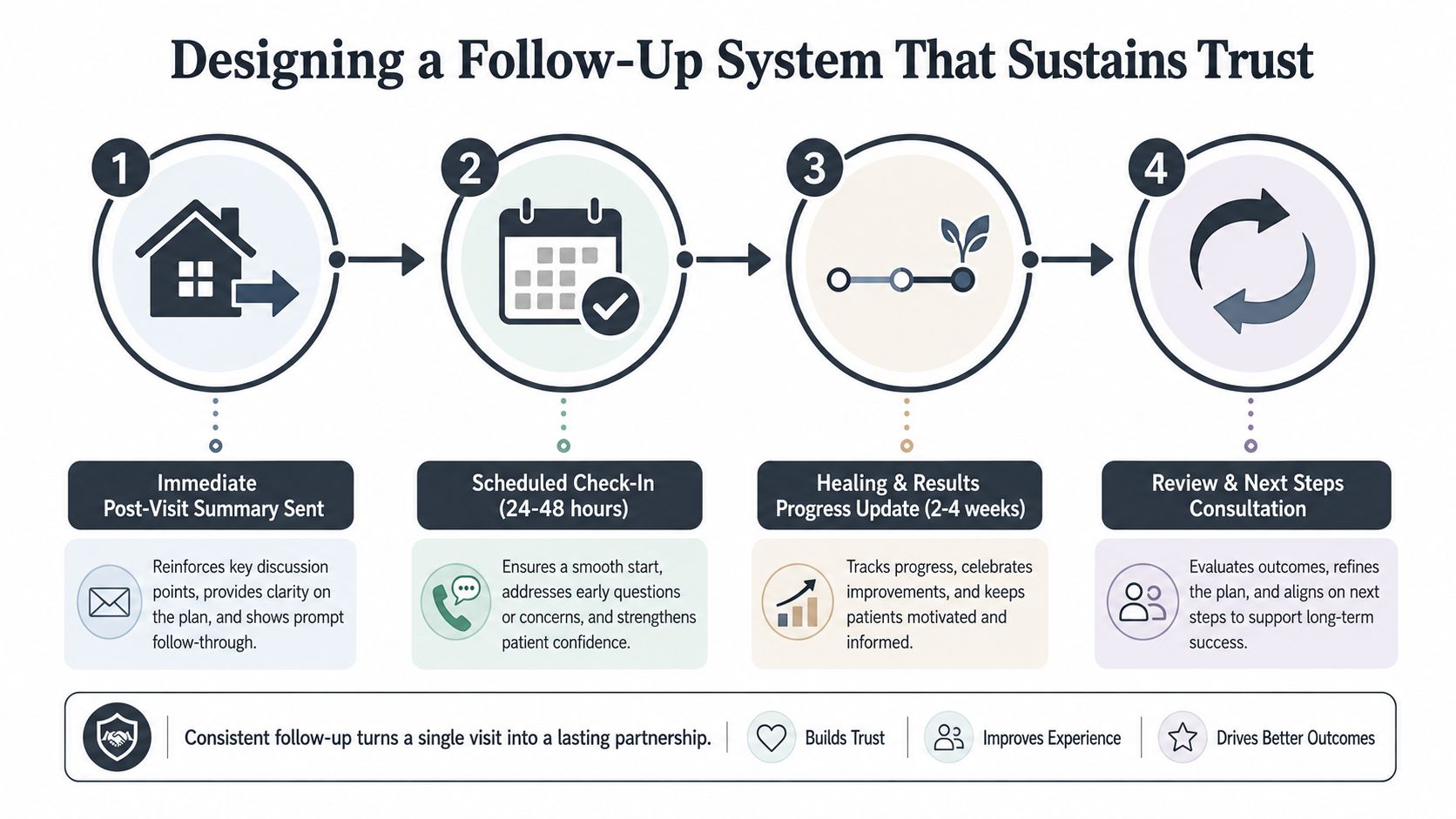 A four-step infographic illustrating a system for patient follow-up to build trust and ensure better health outcomes.