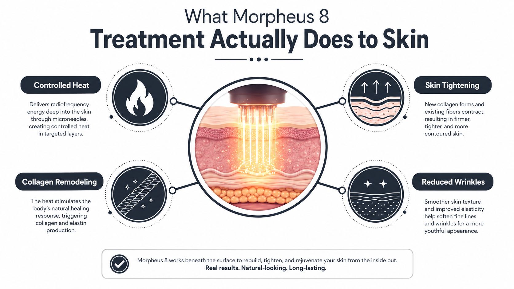 An infographic detailing how Morpheus 8 treatment uses radiofrequency microneedling to tighten skin and improve texture.