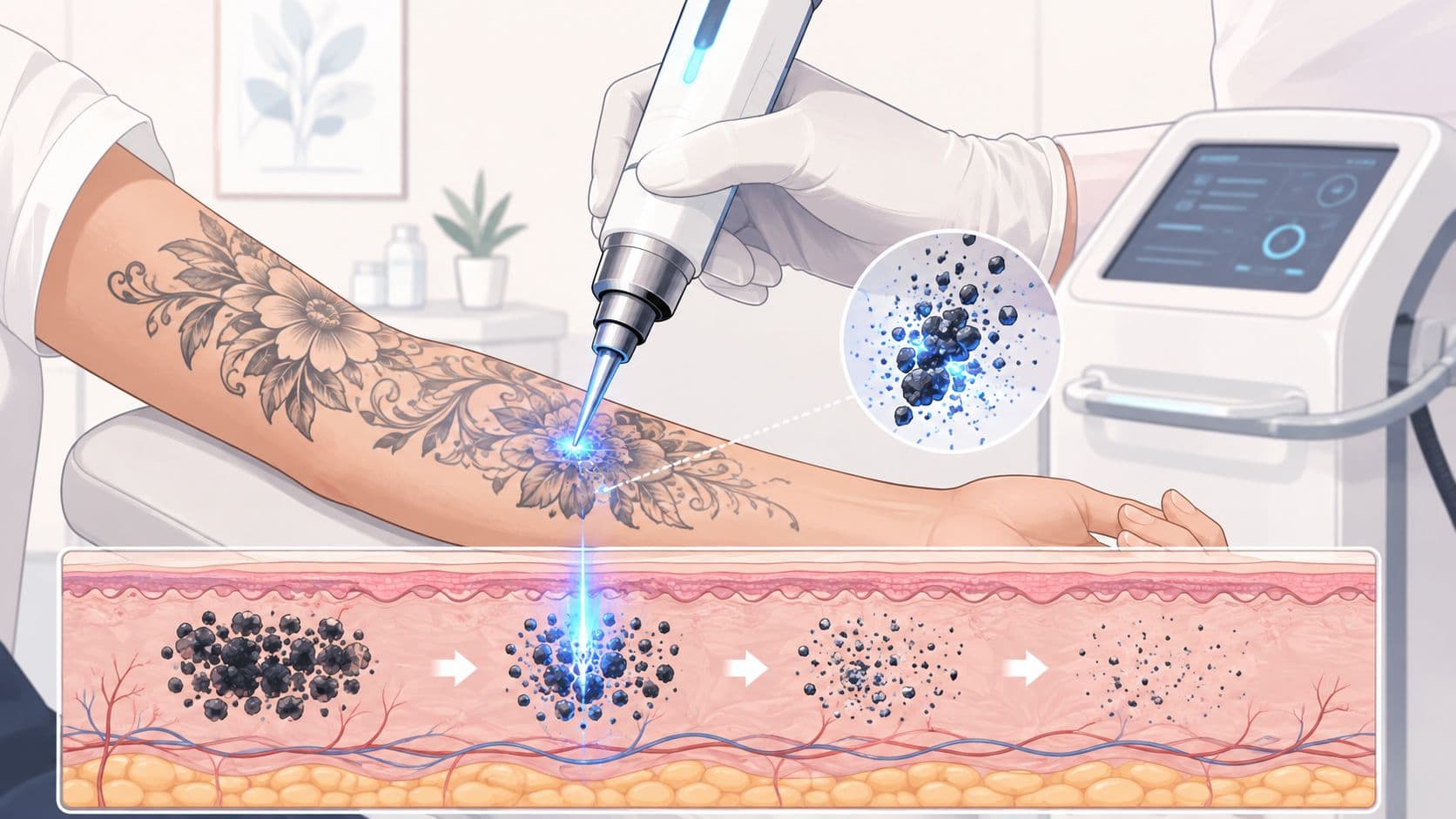 Picosecond laser handpiece breaking up tattoo ink on an arm, with a diagram of the ink particles fading in the skin.