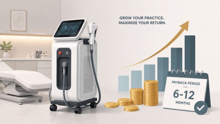 Omega Lasers device with growth chart and coins for practice success.
