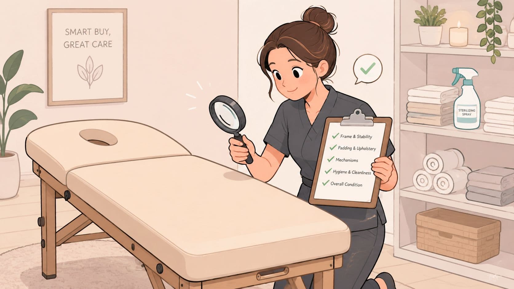 Woman inspecting a second-hand massage table with a magnifying glass and a condition checklist.
