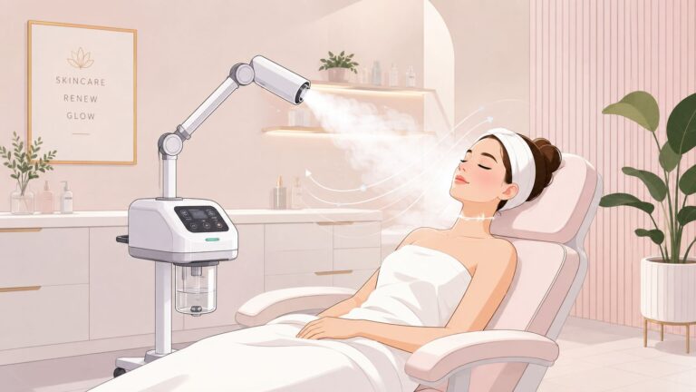 Woman receiving skin treatment with laser device at Omega Lasers.