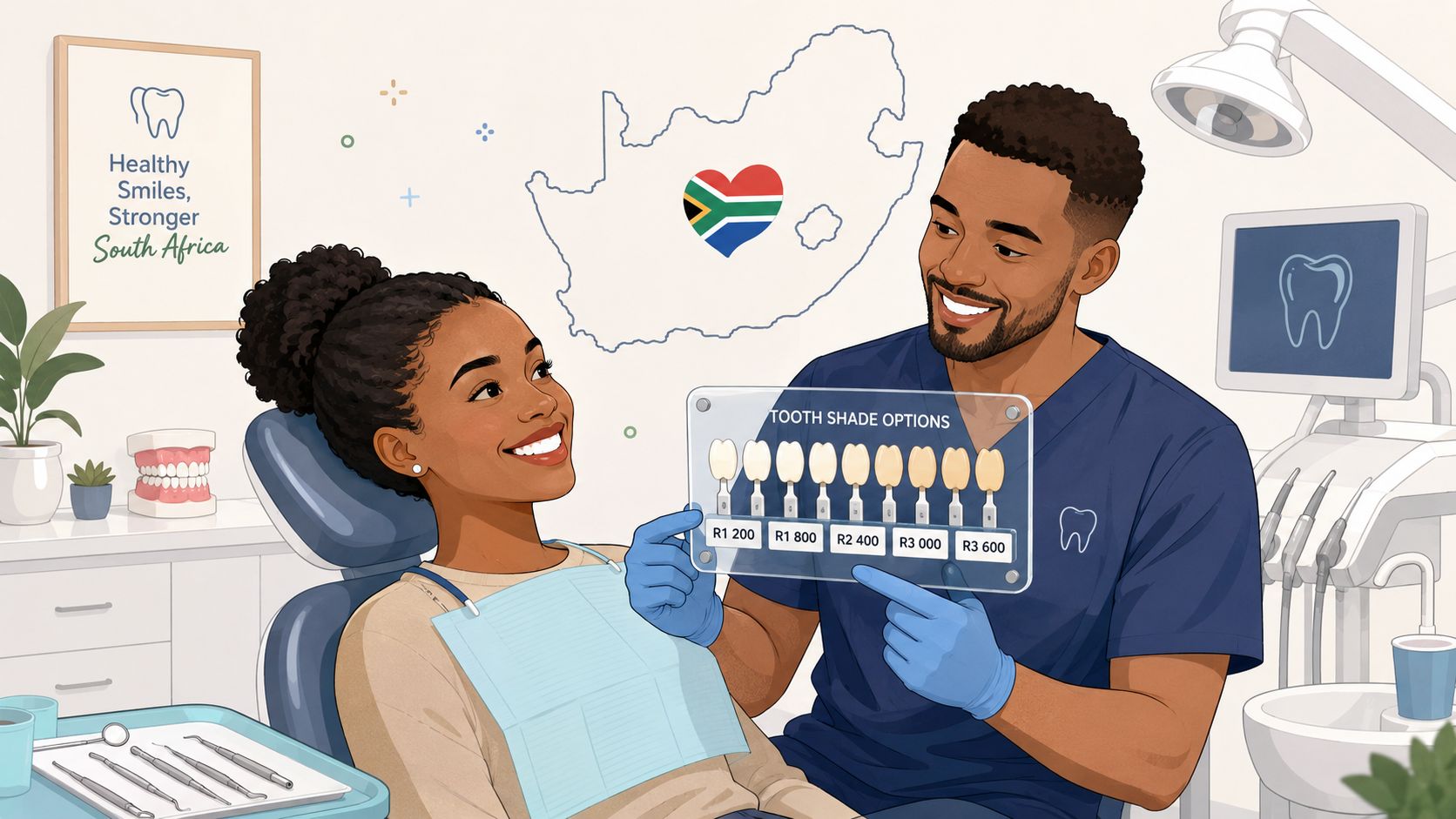 Dentist showing a smiling patient a tooth shade guide with rand prices, beside a map of South Africa.