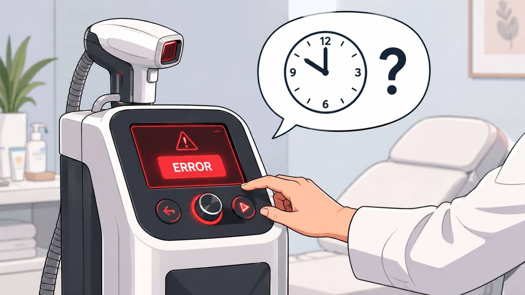 A professional technician touching a laser hair removal machine display showing an error message with a question mark.