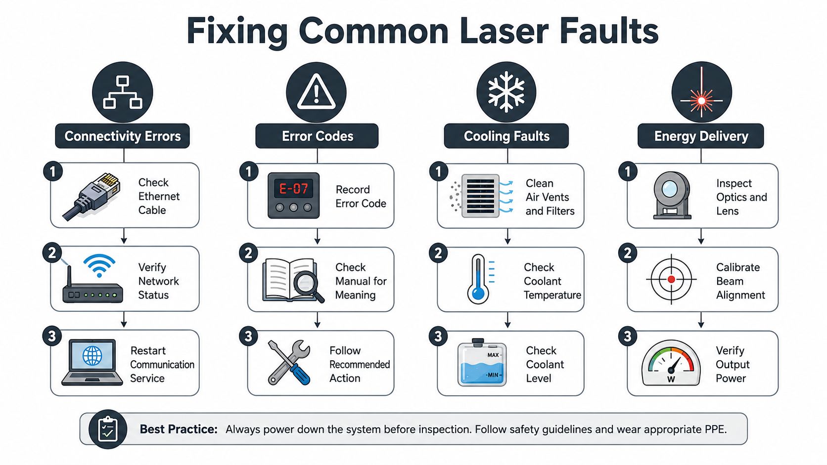 An infographic titled Fixing Common Laser Faults, detailing troubleshooting steps for connectivity, error codes, cooling, and energy.