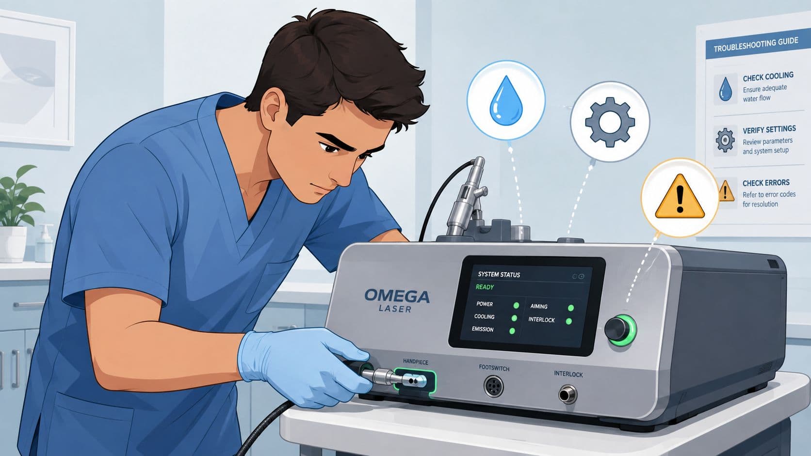 Technician in blue scrubs troubleshooting a laser machine, with icons for cooling, settings and error warnings.