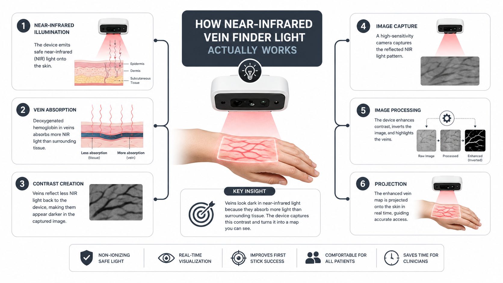 Um infográfico que ilustra como um dispositivo de luz de detecção de veias no infravermelho próximo mapeia e projeta as veias do doente para procedimentos médicos.
