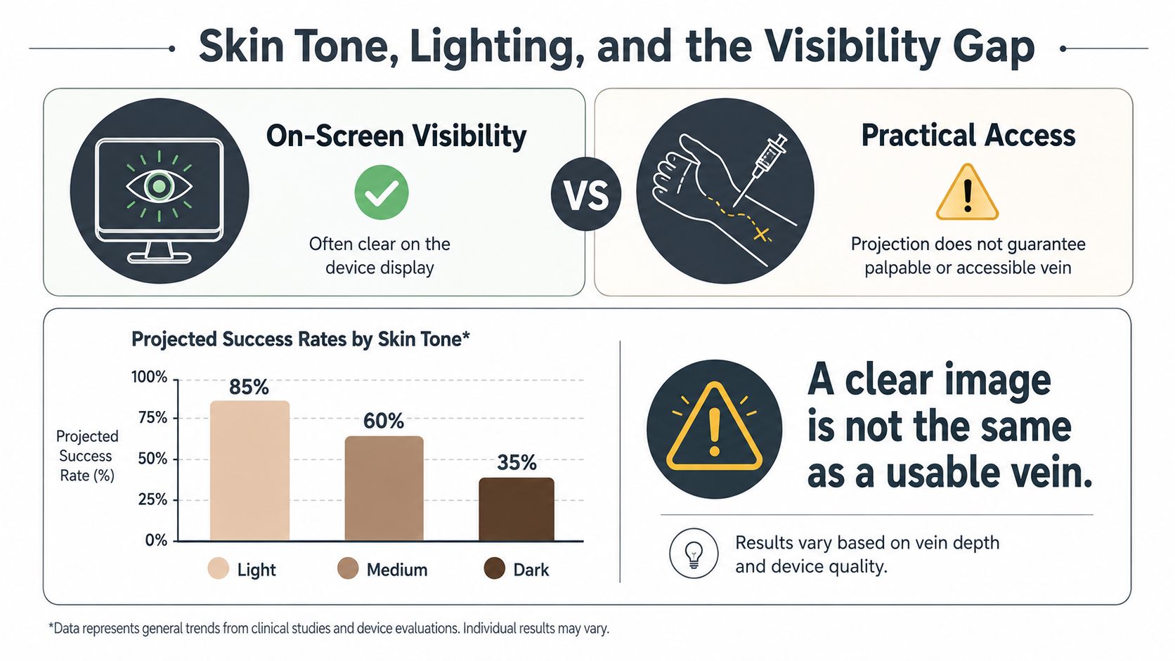Comparison of on-screen visibility and practical access in vein finder devices.