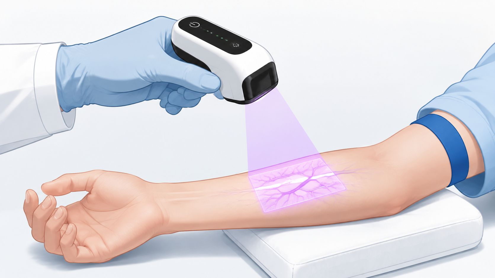 Aparelho de tratamento cutâneo a laser utilizado no braço de um doente na Omega Lasers.