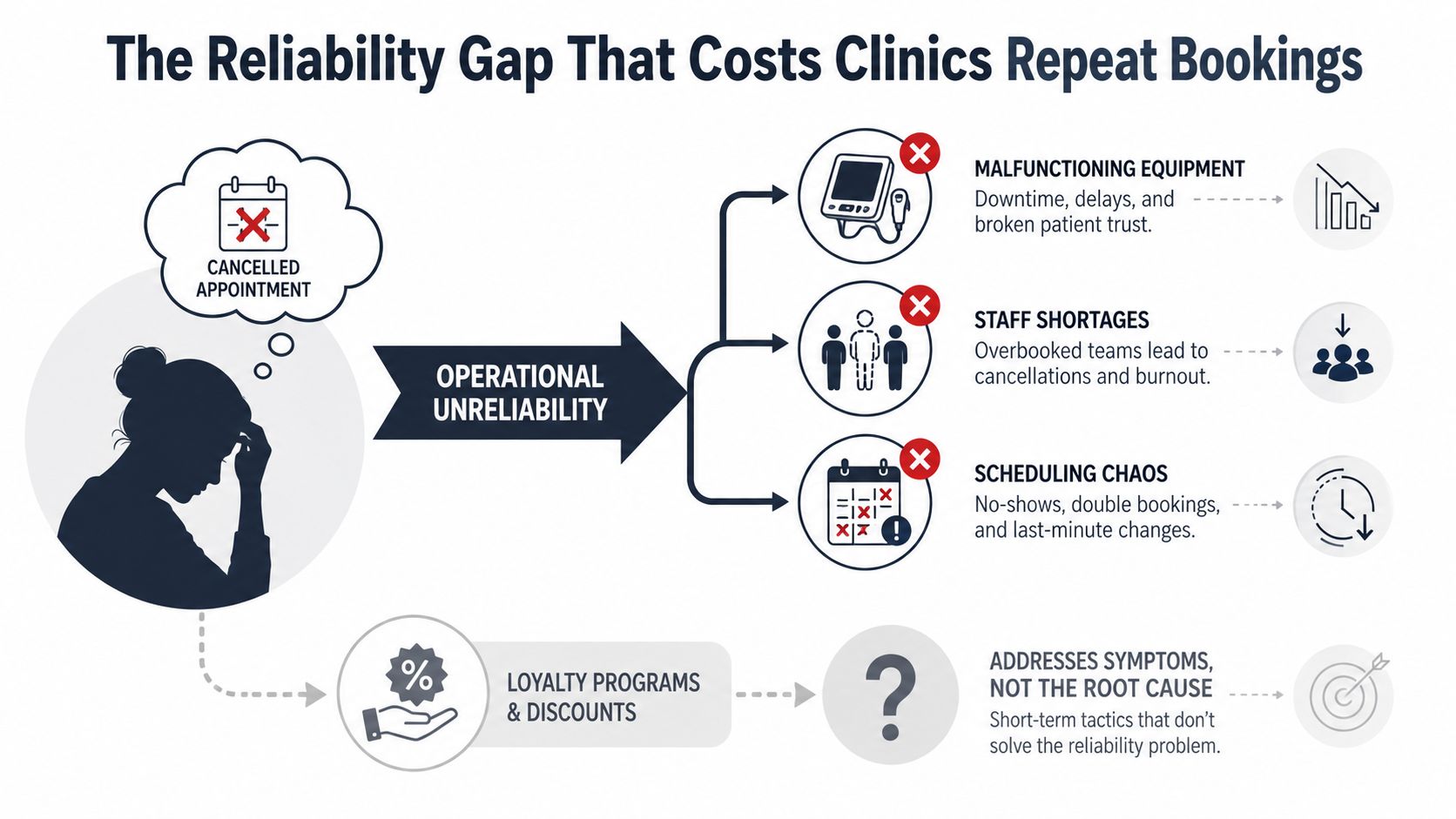 A diagram illustrating operational unreliability in clinics, showing how equipment failure, staff shortages, and scheduling issues cause cancellations.