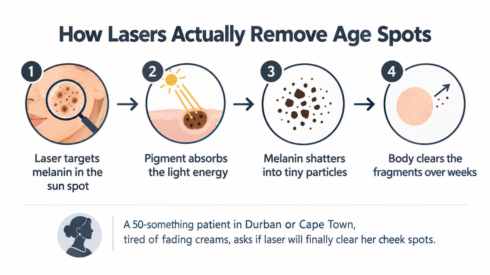 Um infográfico em quatro etapas que ilustra como o tratamento a laser decompõe a melanina para remover eficazmente as manchas da pele causadas pela idade.