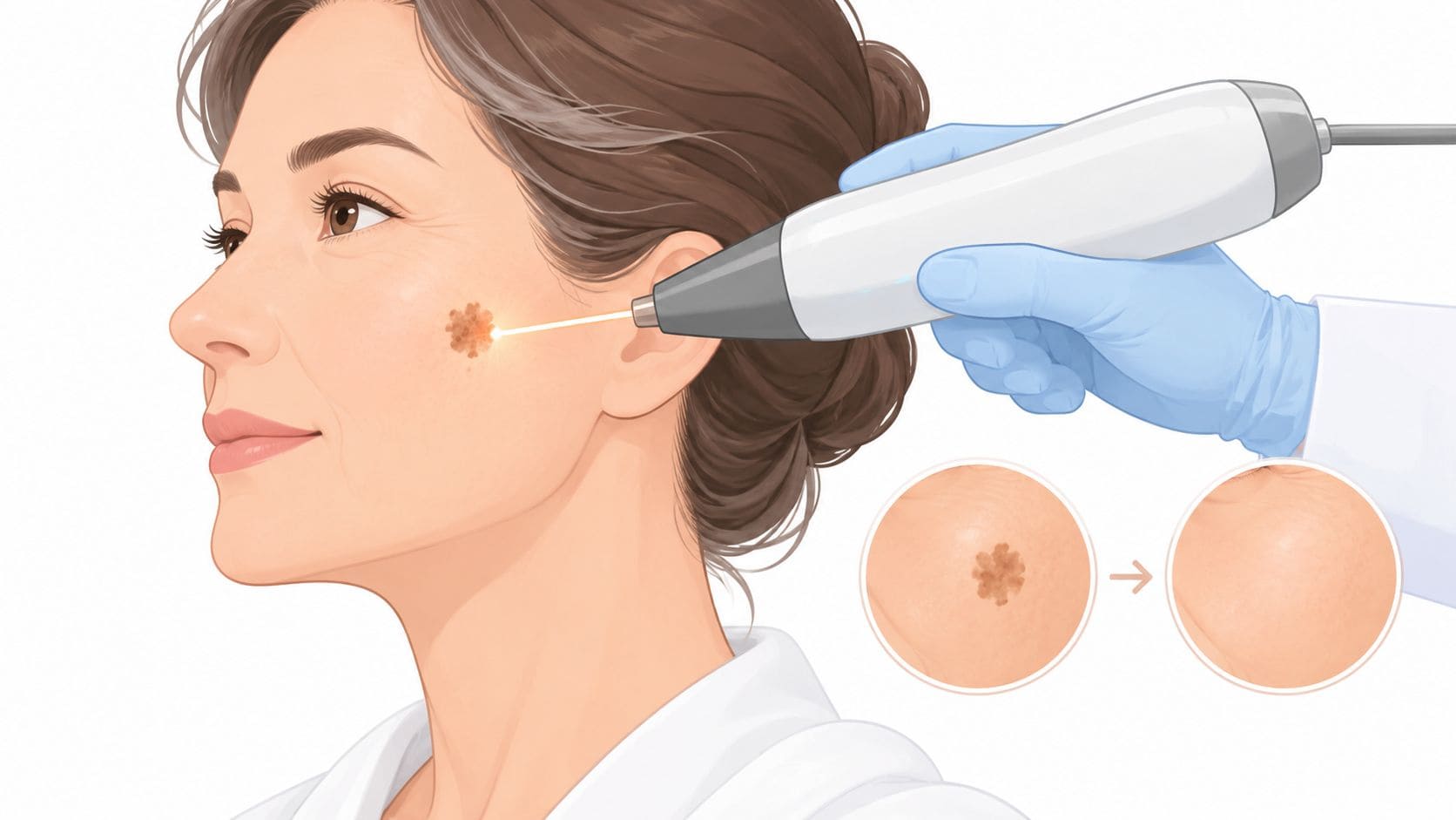 Woman receiving laser treatment for age spots on her cheek with a handheld device.