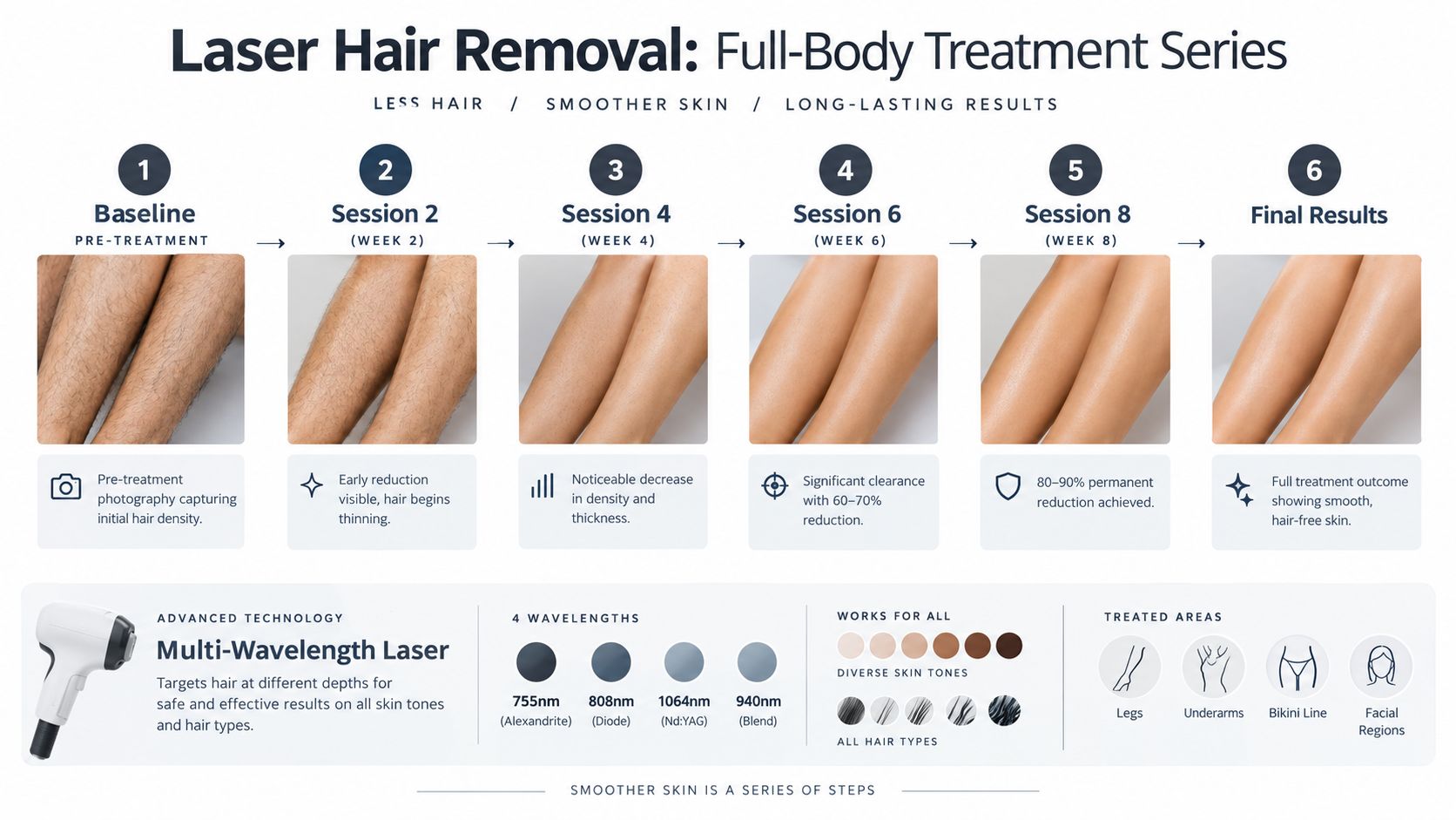 A diagram illustrating the stages of a professional laser hair removal treatment series from baseline to final results.
