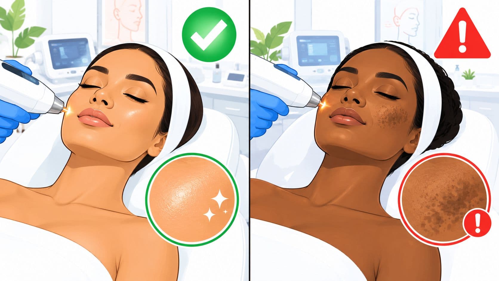 Side-by-side images showing safe and unsafe laser hair removal practices.