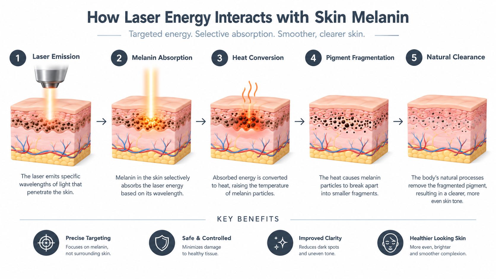 Um diagrama em cinco etapas que explica como a energia do laser interage com a melanina da pele para tratar a hiperpigmentação e uniformizar o tom da pele.