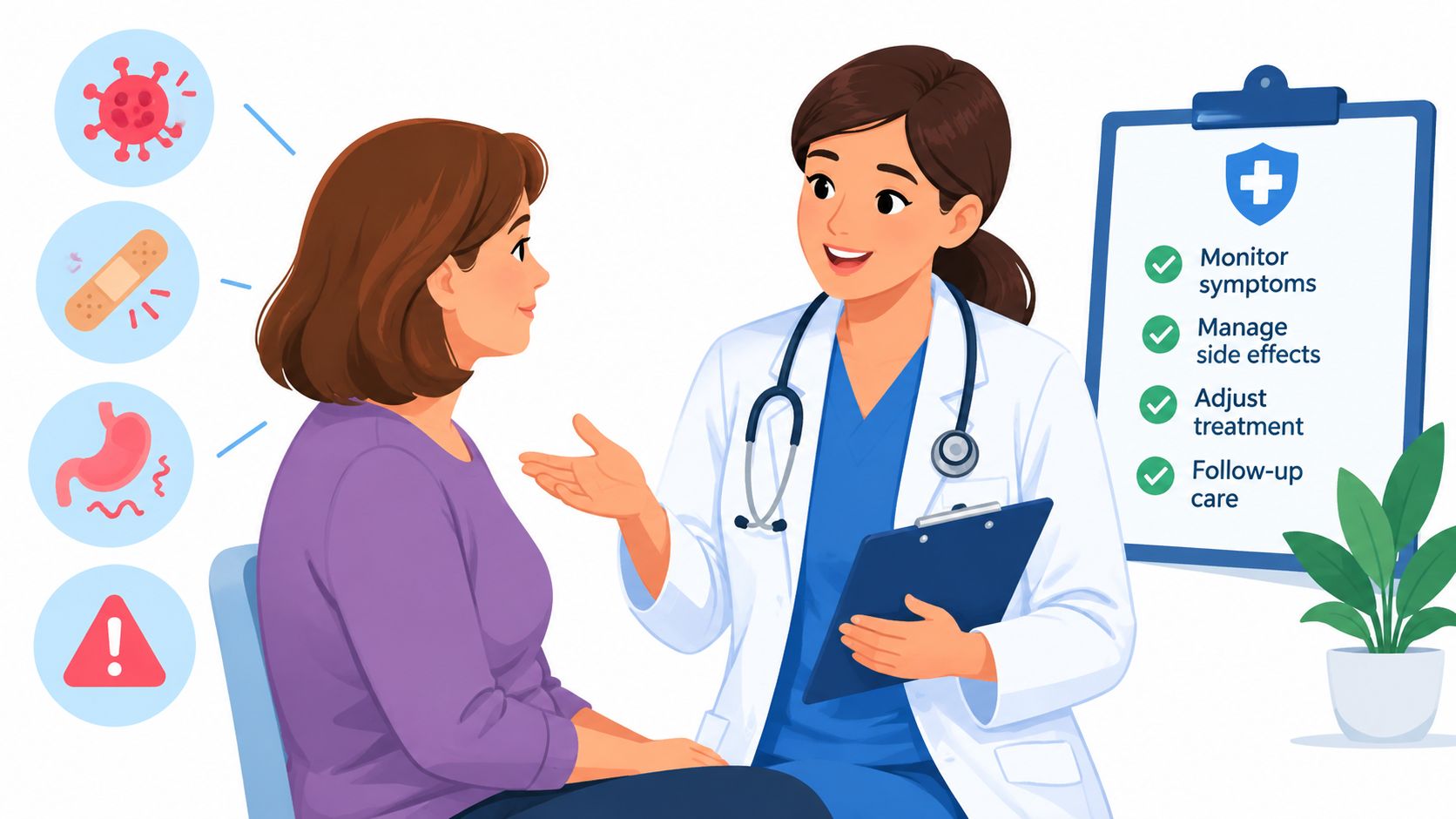 Uma médica a conversar com um doente, segurando uma prancheta médica com anotações sobre o plano de tratamento.