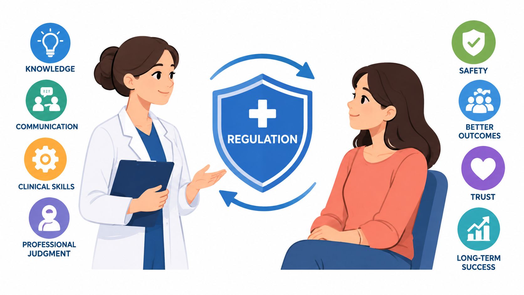 Um médico profissional a atender uma paciente, salientando a importância da regulamentação dos cuidados de saúde para a segurança dos doentes.