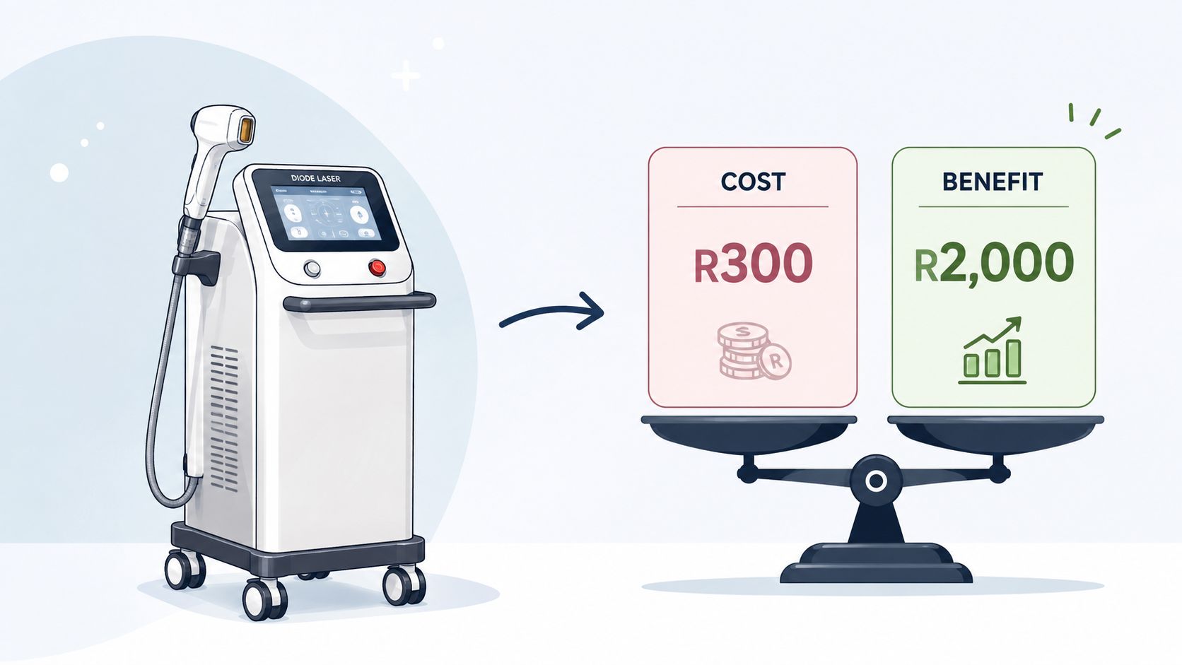 Uma máquina de laser de díodo ligada a uma balança, comparando um custo de 300 rands com um benefício de 2 000 rands.