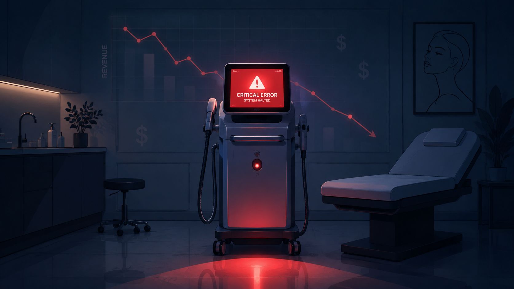 Um equipamento de laser avariado que exibe uma mensagem de erro crítico numa sala de tratamentos pouco iluminada de um spa médico.