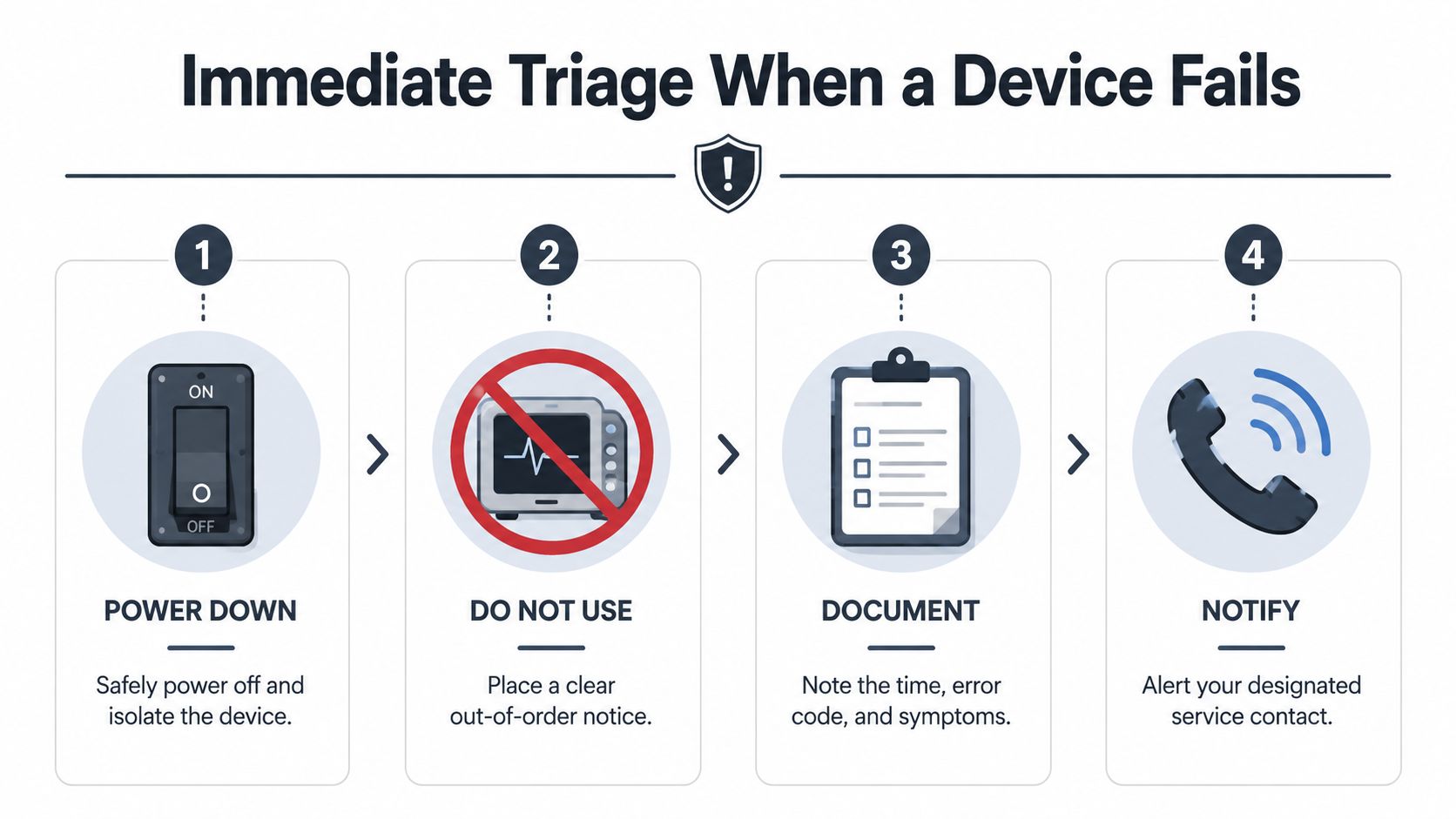 Um infográfico em quatro etapas que ilustra o procedimento de triagem de emergência a seguir imediatamente após uma falha de um dispositivo médico.