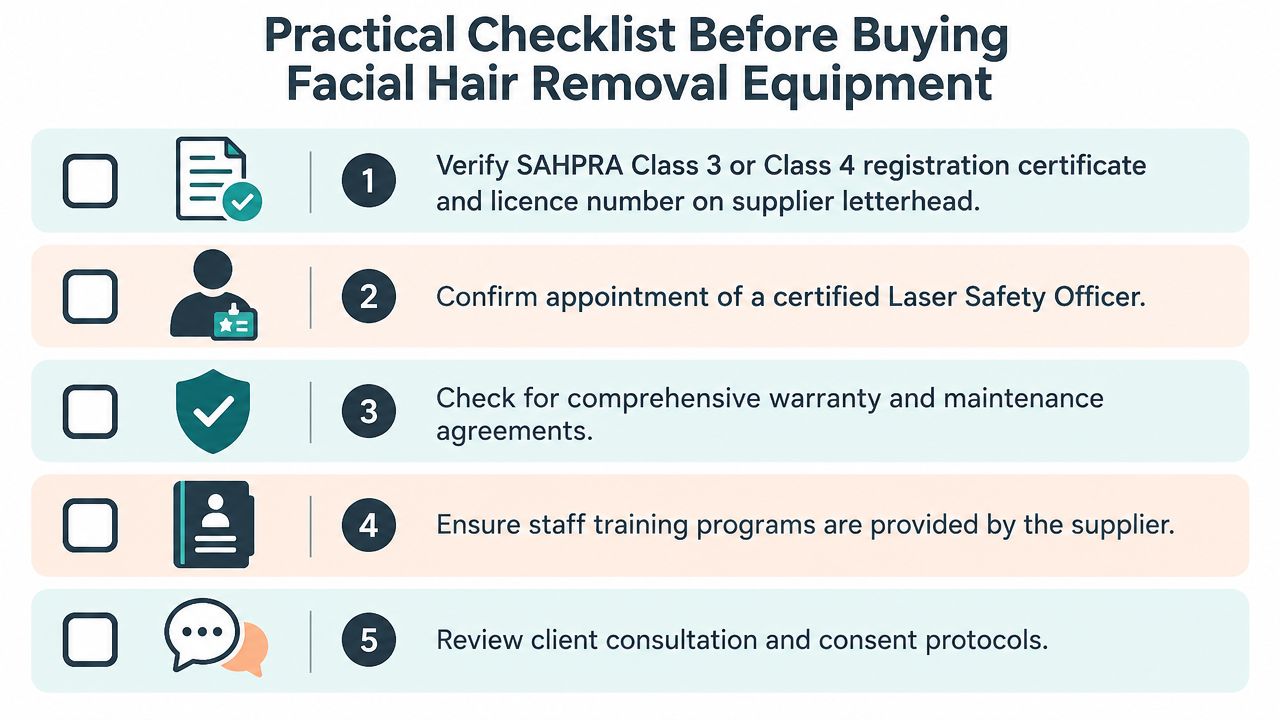 A practical checklist for businesses before purchasing professional facial hair removal equipment, displayed in five steps.