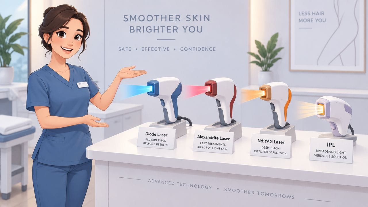 Four laser hair removal devices on a white table in a clinic setting.