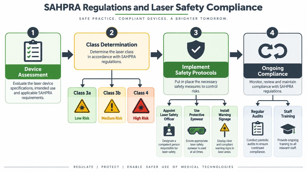 Diagram showing laser safety compliance process with risk levels and safety protocols.