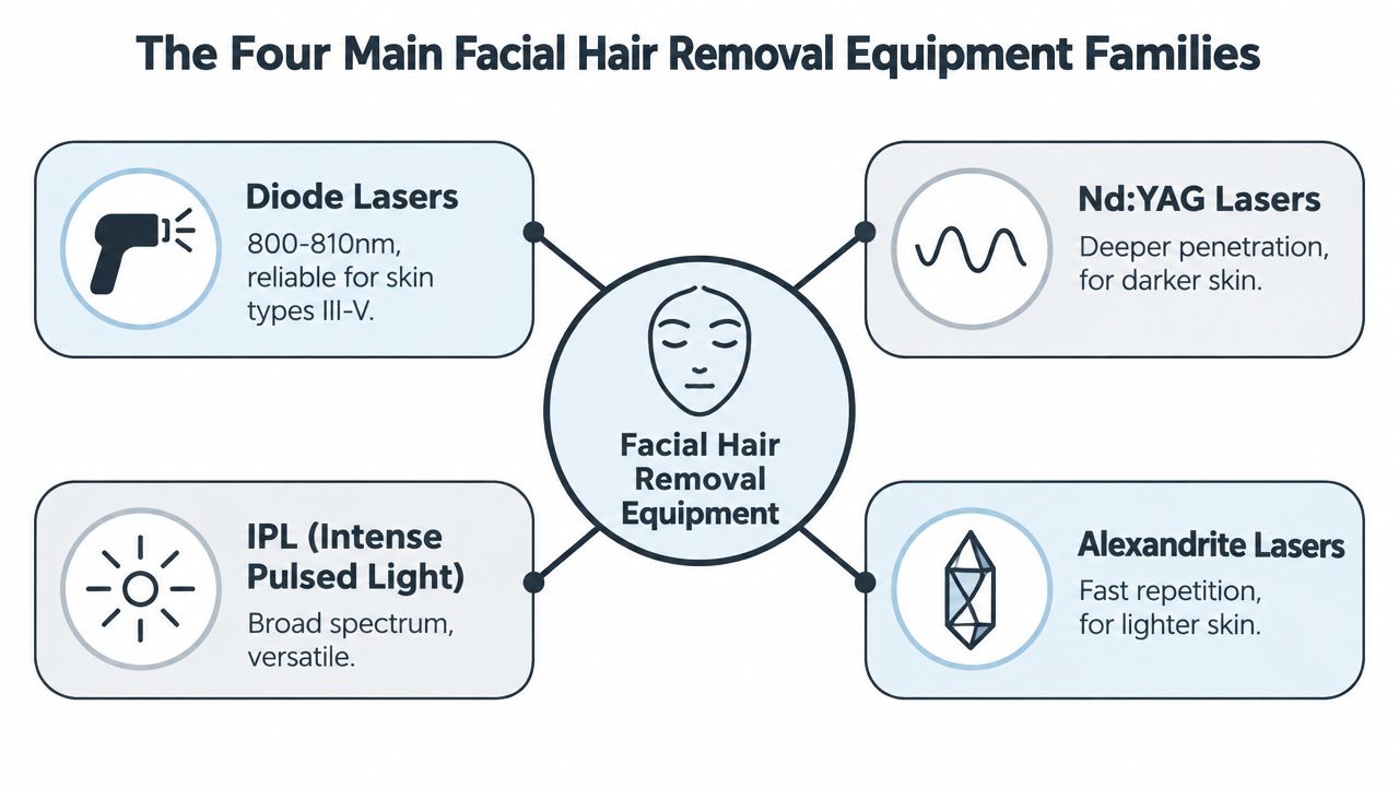 Diagram showing four main facial hair removal devices with descriptions and specifications.