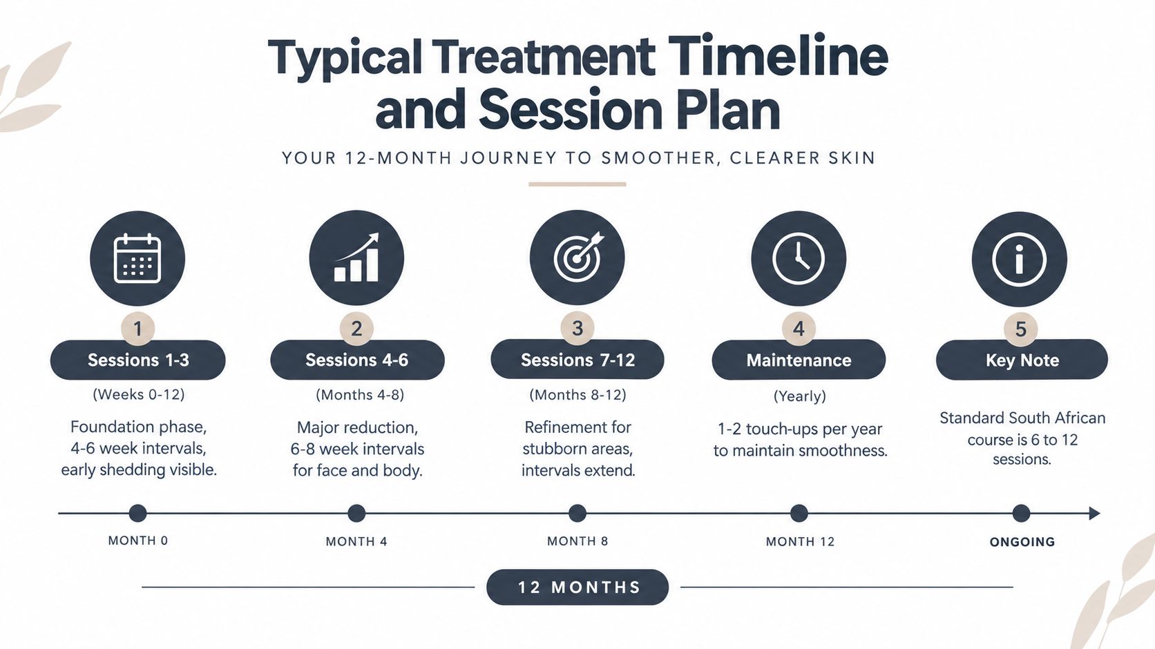 A 12-month timeline infographic outlining the phases of professional laser hair removal treatments for optimal results.
