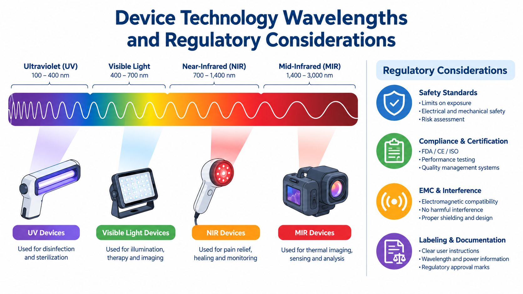 A chart showing electromagnetic spectrum wavelengths for medical devices and associated regulatory safety and compliance requirements.