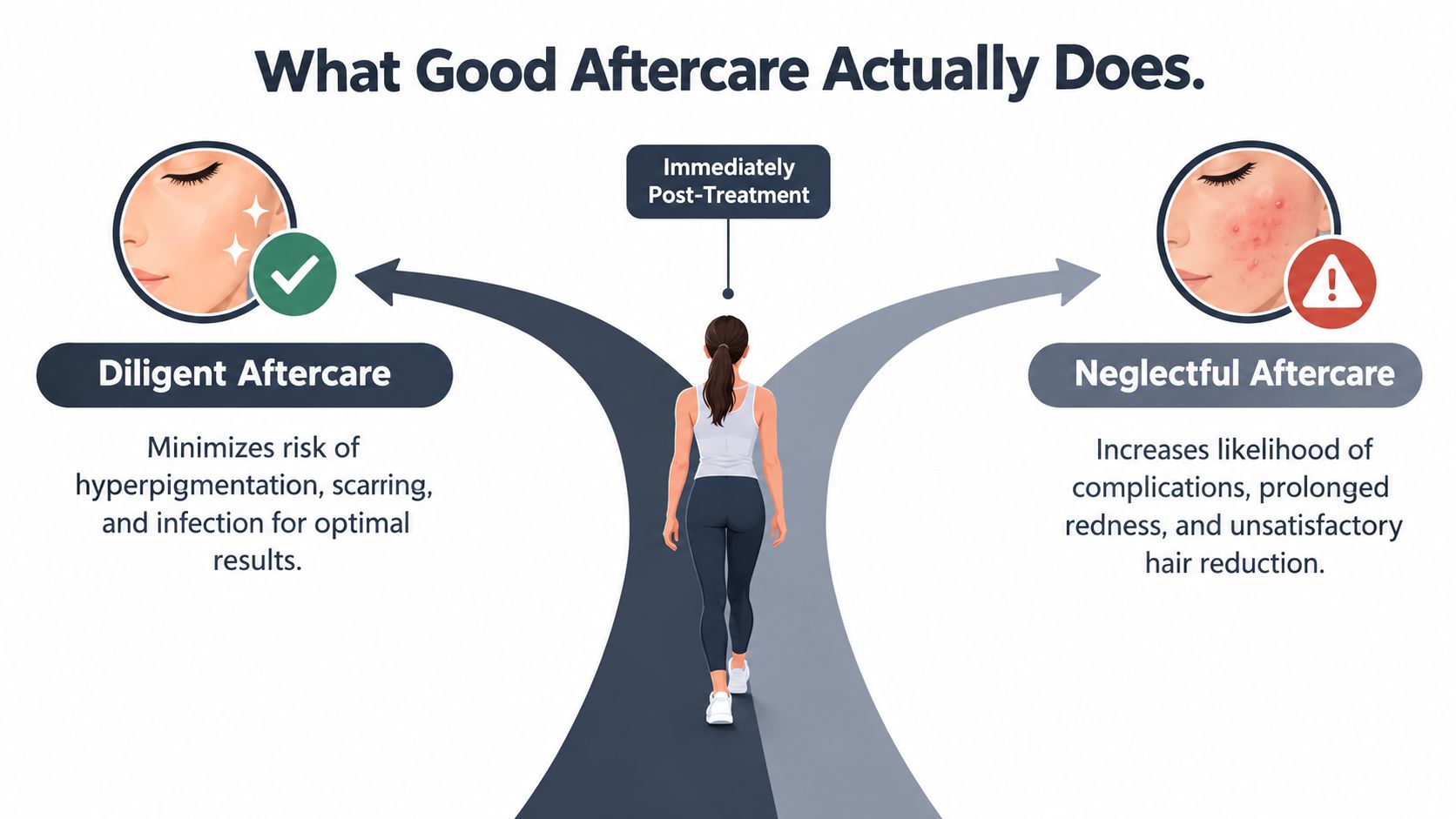 Diagram showing good and bad aftercare effects on skin after treatment.