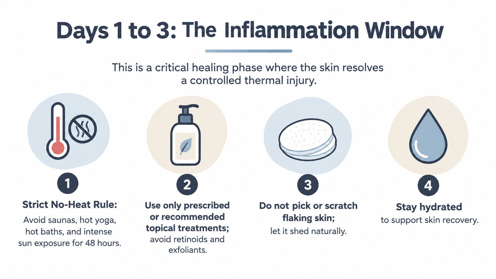Four icons illustrating inflammation stages: no heat, topical treatment, no picking, stay hydrated.