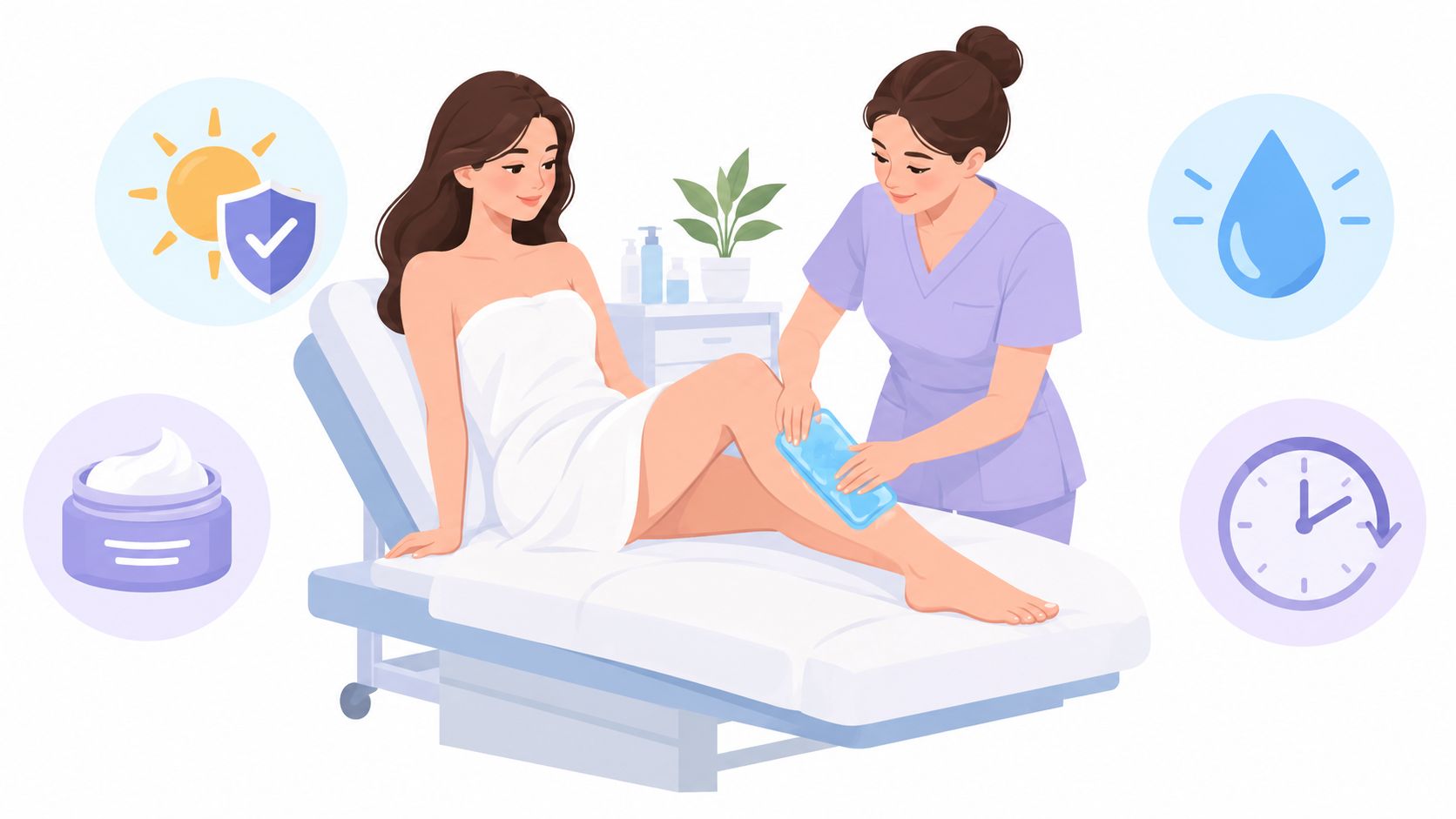 Woman receiving laser hair removal treatment on her leg in a clinic setting.