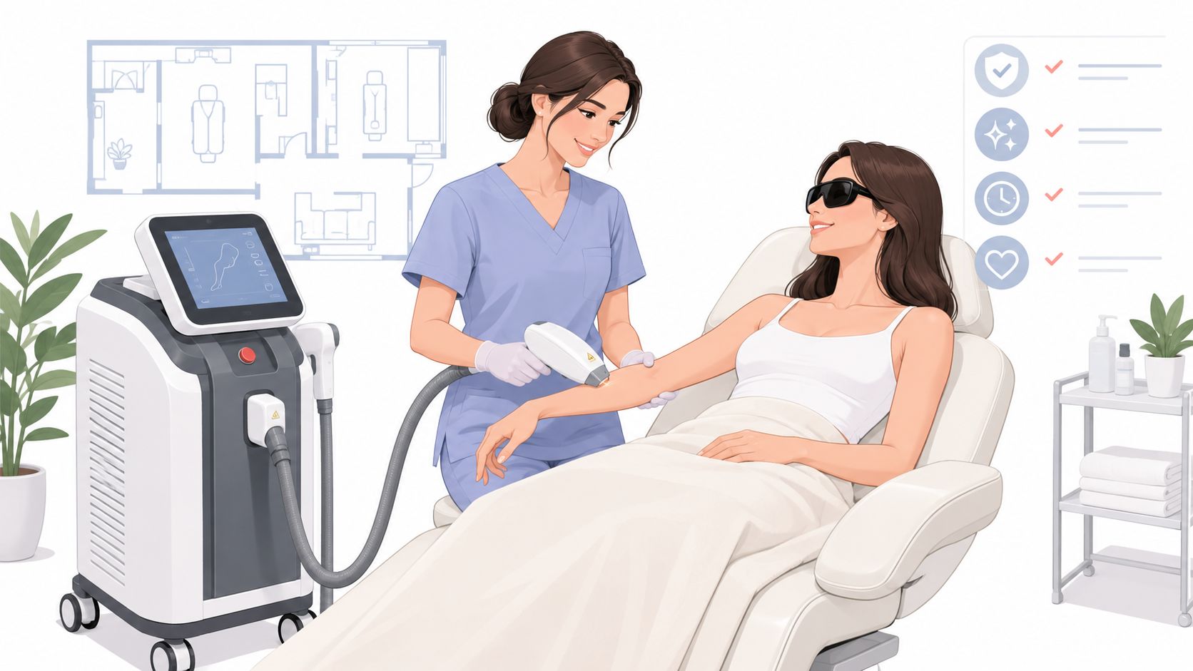 Woman receiving laser hair removal treatment on her arm in a clinic setting.