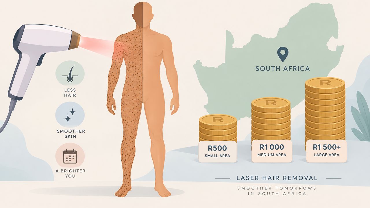 Illustration of laser hair removal process on a human body with South Africa map and cost comparison.