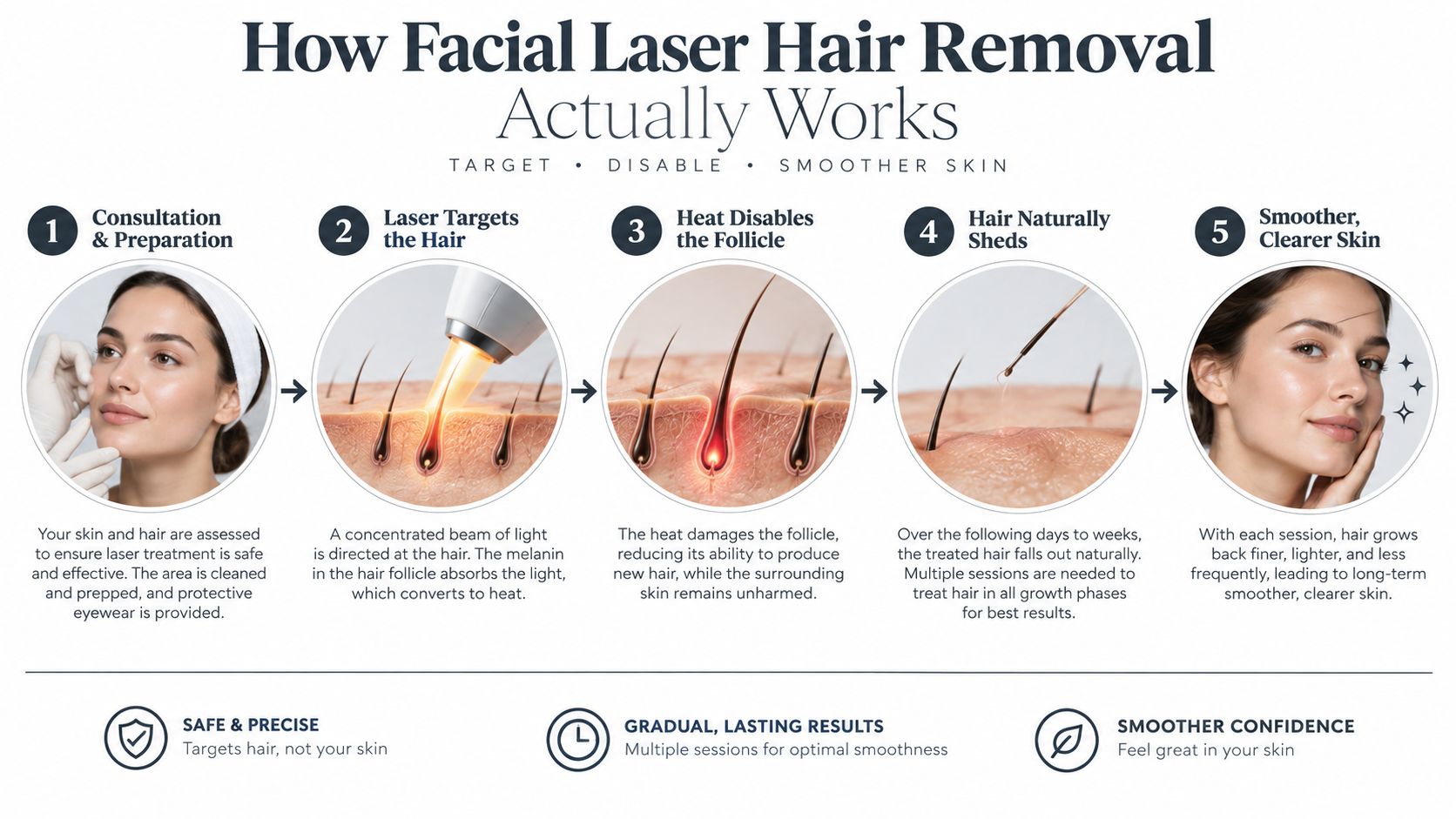 Um infográfico em cinco etapas que mostra como funciona a depilação facial a laser, desde a consulta até aos resultados de uma pele mais suave.
