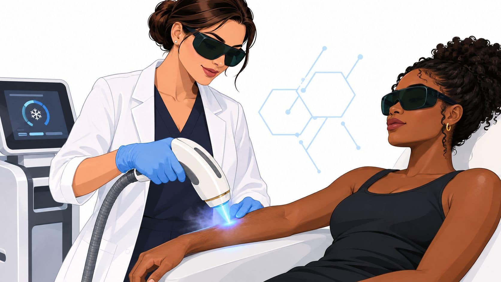 Practitioner performing laser hair removal on a woman's arm with a laser device.