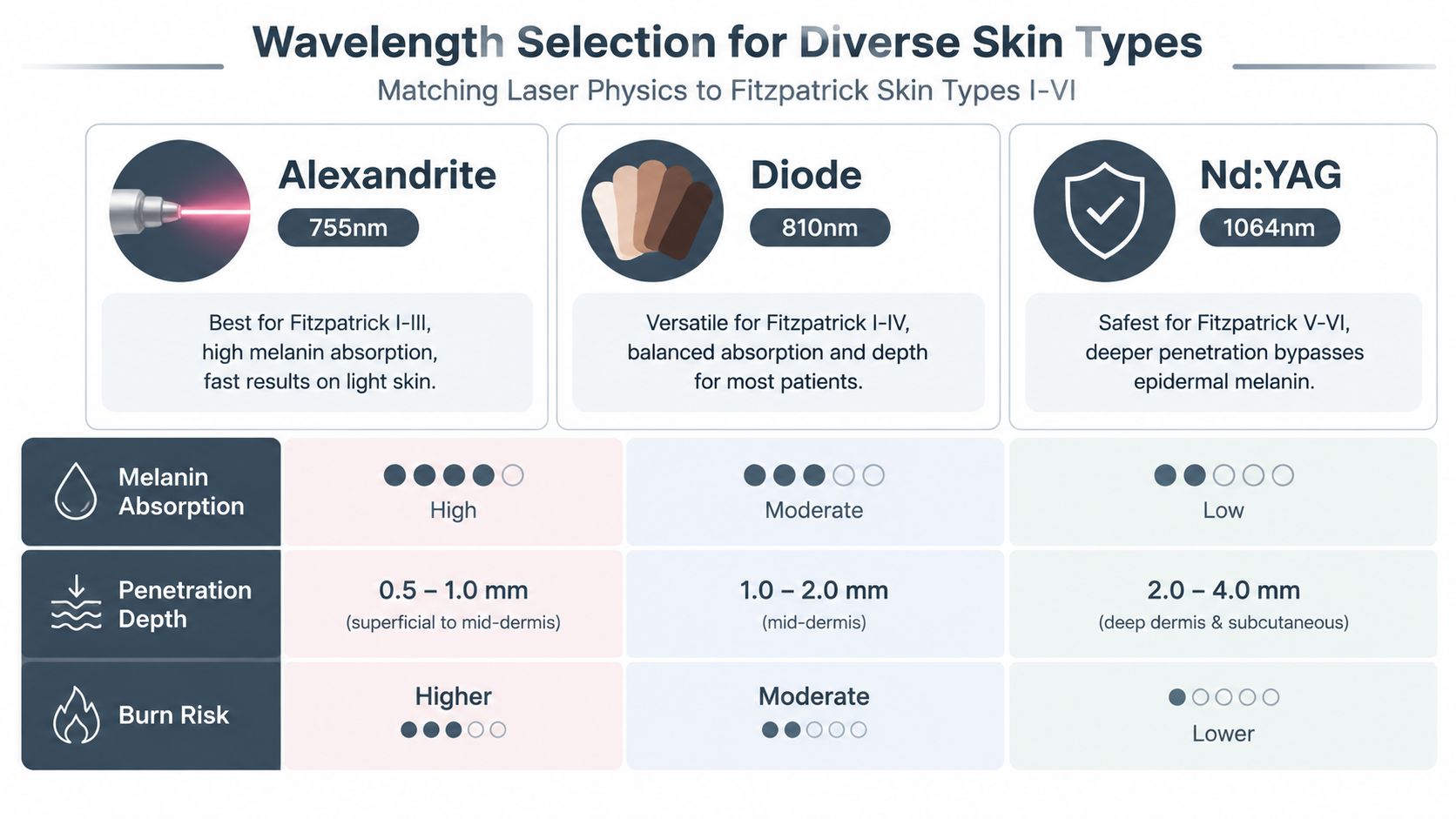 A comparison chart showing laser hair removal wavelengths, penetration depths, and safety levels for different skin types.
