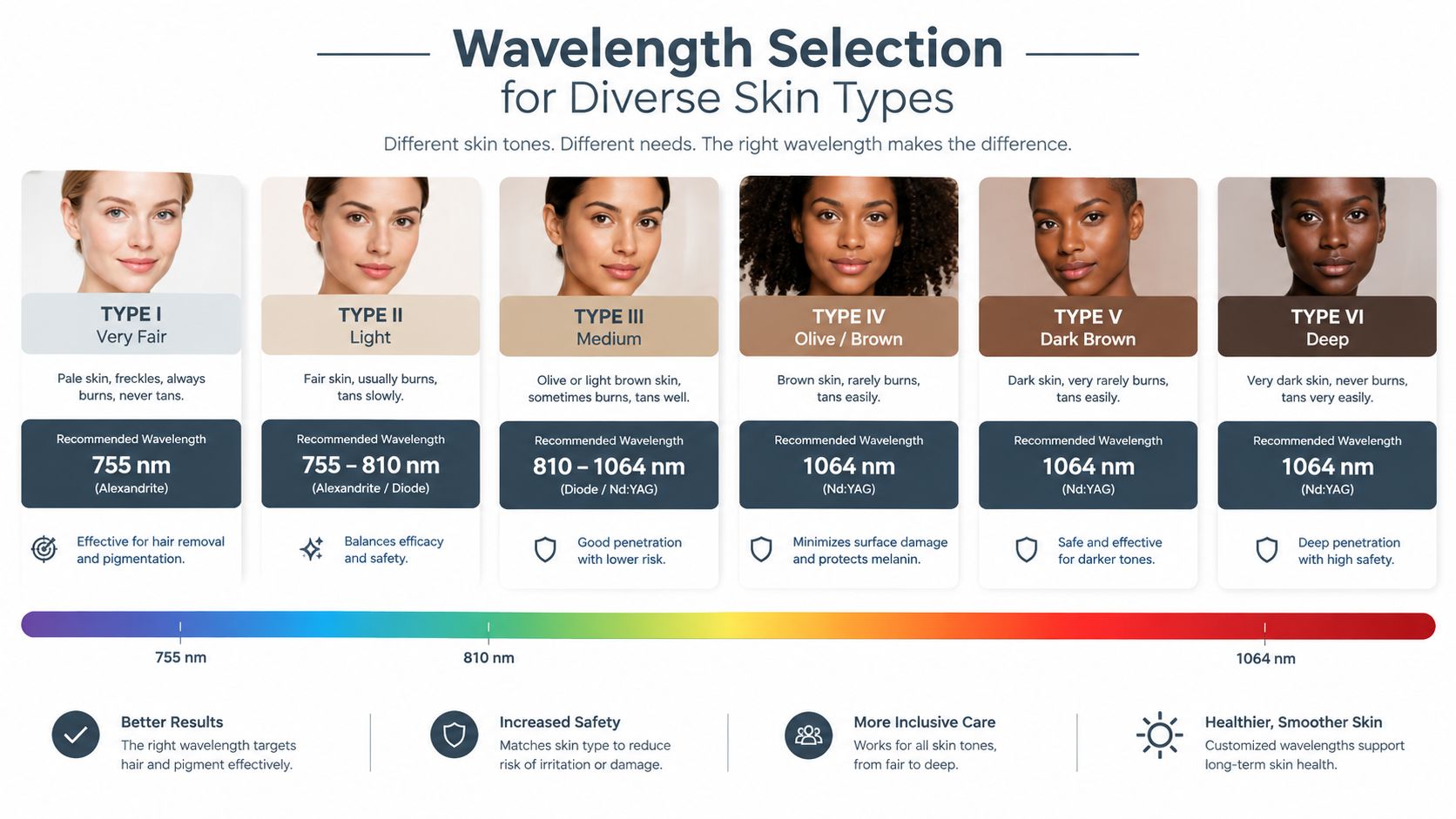 A chart illustrating recommended laser hair removal wavelengths for different skin types from Type I to VI.