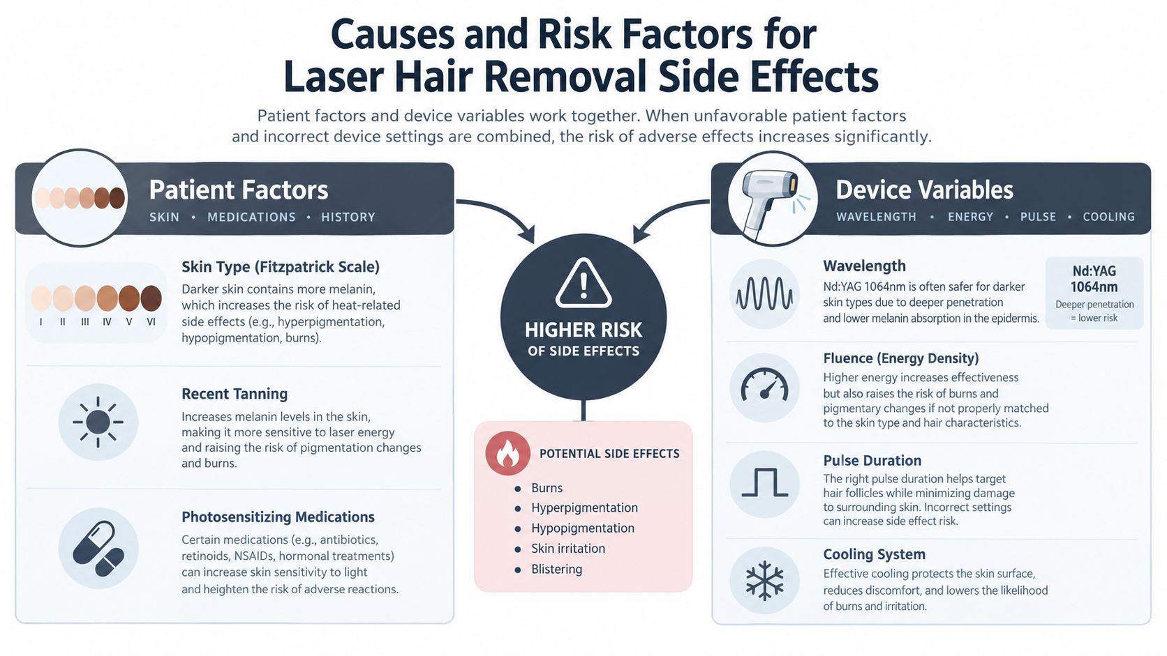 An infographic detailing patient factors and device variables that contribute to potential side effects in laser hair removal.