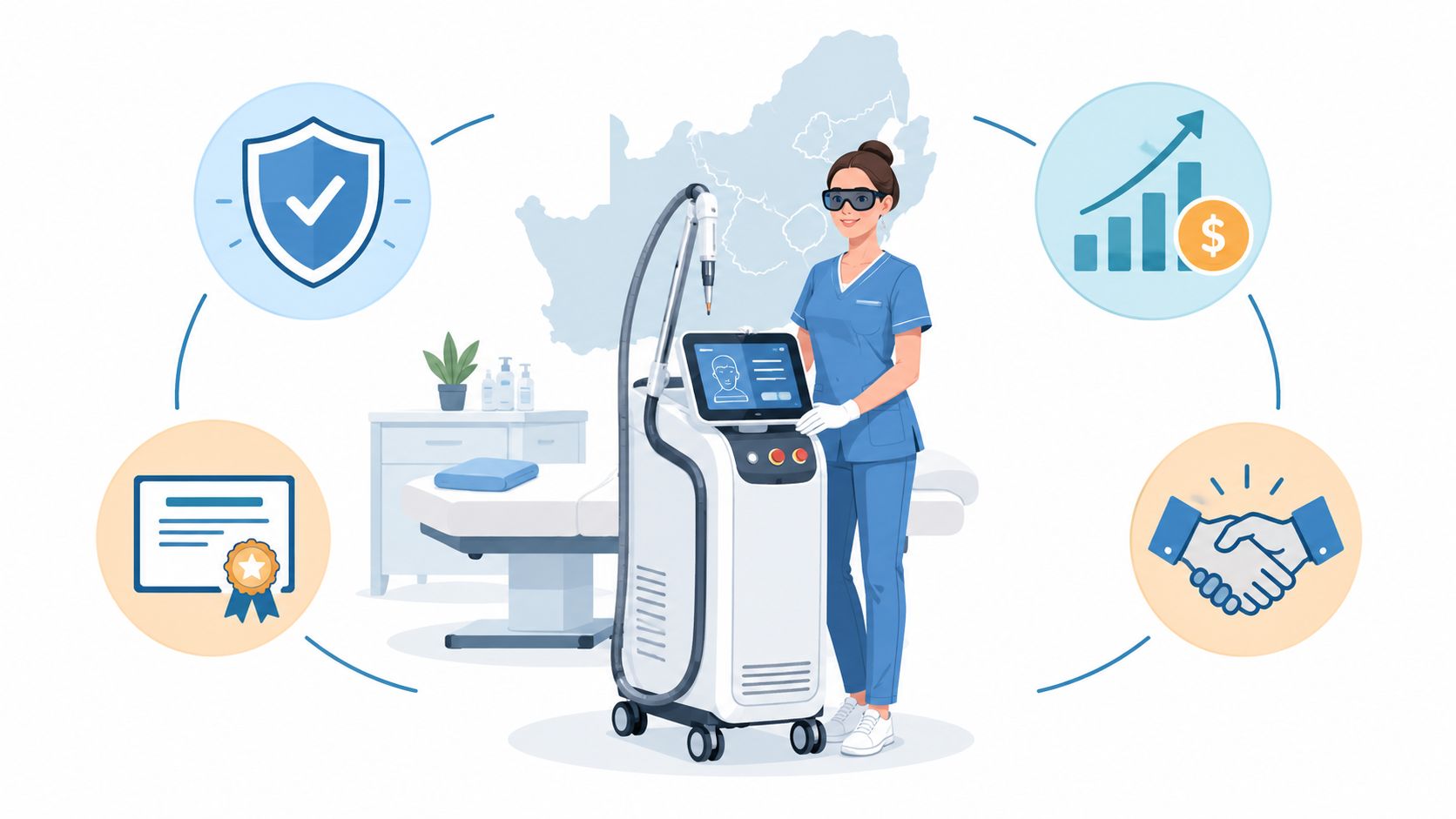 Medical professional with laser device and treatment bed in clinic setting.