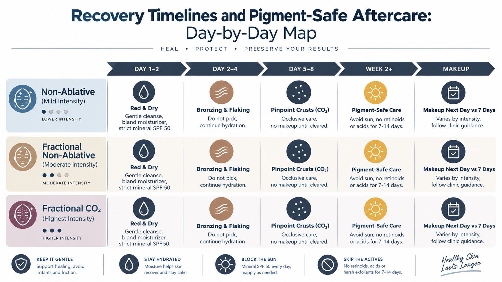 A recovery timeline chart for various laser resurfacing treatments, showing healing stages from redness to makeup application.